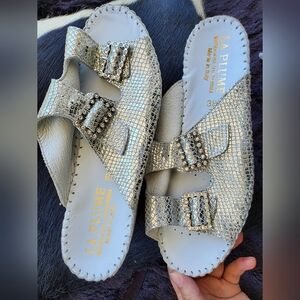 La Plume Silver Italian Made Metallic Leather Sole Women's Sandals Sz Eu 38 Sz 7